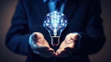 Businessman holding a lit light bulb and brain in his hand technology background photo