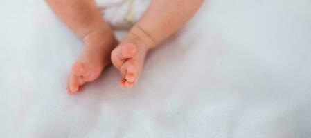 Newborn baby feet on white blanket. Cmaternity and babyhood concept. photo