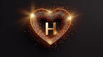Letter H Elegant background with golden heart frame elements and glitter light effect decoration created by photo