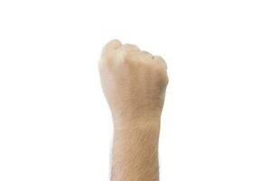 Close-up man's back of handful. close outstretched hand, showing zero fingers means number zero, extended in greeting copy space isolated on white background. Space for text. photo