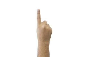 Close-up man's back of hand. Open outstretched hand, showing one fingers means number one, extended in greeting copy space isolated on white background. Space for text. photo