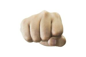 Close-up man's back of handful for punching. close outstretched hand, extended in greeting copy space isolated on white background. Space for text. photo