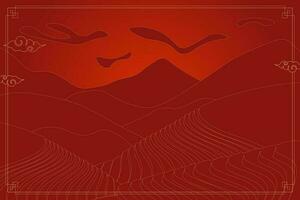 Rice field at red sunset poster. Chinese agricultural terraces in mountains landscape. Rural farmland scenery with paddy. Terraced tea cultivation plantation. Asian agriculture meadow eps background vector