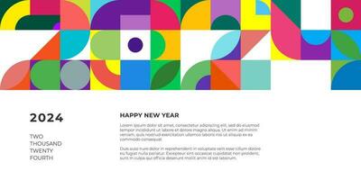 Abstract geometric bauhaus shapes combination 2024 Happy New Year horizontal banner. Graphic retro style celebration decoration poster. Modern trendy artwork. Colored vintage simple vector eps print