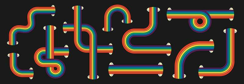 Retro groovy hipster rainbow color stripes set. Psychedelic hippie rainbows collection. Vintage hippy style crazy various twisted abstract iridescent design elements. Trendy y2k colorful eps templates