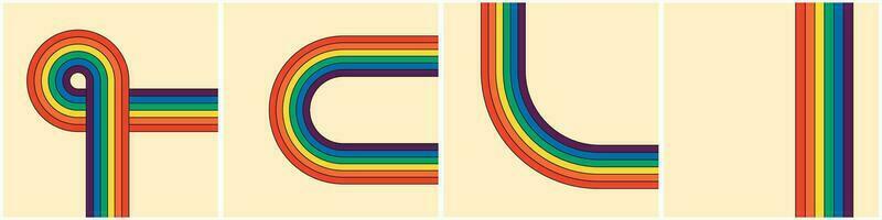 Clásico arco iris a rayas cuadrado carteles Compilacion. maravilloso estilo recordativo pasado eras hippie inspirado geométrico arco iris caminos. iridiscente rayas reflejar retro hippy onda. varios resumen pancartas vector