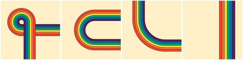 Vintage rainbow striped square posters compilation. Groovy style reminiscent past eras. Hippie inspired geometric rainbow paths. Iridescent stripes reflect retro hippy vibe. Various abstract banners