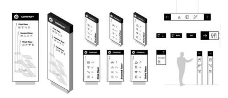 Wayfinding system signage mockup set. Exterior and interior way finding designs. Mall navigation mock up. Public place and commercial building information boards. Residential complex direction signs vector