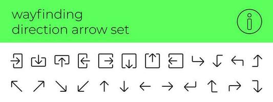 Wayfinding system direction arrow linear icon set. Way finding entrance and exit outline symbol collection. Left and right navigation signage. Up and down information boards. Public place vector signs