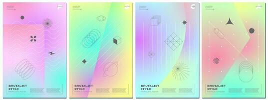 Trendy abstract brutalism poster set with minimalistic geometric shapes on gradient background. Modern brutalist style minimal prints design with simple graphic elements. Brutal y2k print eps template vector