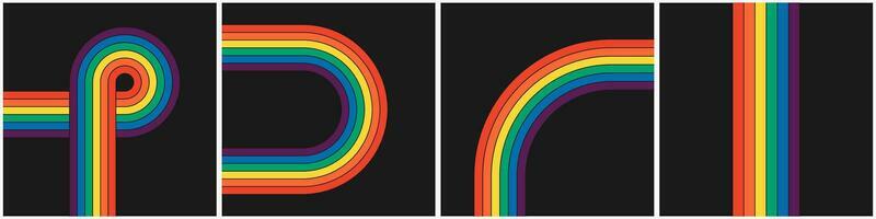 Retro groovy rainbow color striped square background set. Geometric hippie rainbows path collection. Vintage hippy style various abstract iridescent stripes. Trendy minimal y2k colorful artwork poster