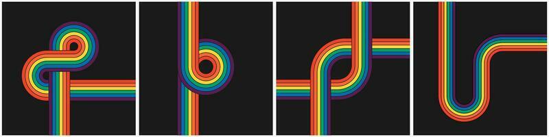 Retro groovy rainbow color striped square poster set. Geometric hippie rainbows line collection. Vintage hippy style various abstract iridescent stripes. Trendy minimal y2k colorful artwork eps covers