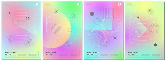 Abstract brutalism poster set with minimalistic geometric shapes on gradient background. Modern brutalist style minimal simple graphic prints. Brutal trendy y2k placard design template. Vector eps