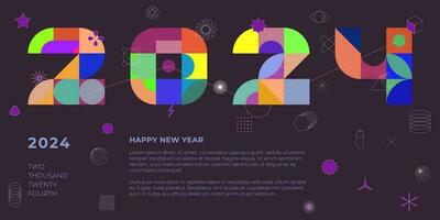 Abstract bauhaus style combination number 2024 Happy New Year horizontal banner. Memphis geometric shapes celebration decoration poster. Modern trendy artwork. Colored simple vector eps print