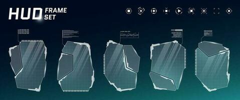 HUD digital futuristic user interface frame set. Sci Fi high tech callout panels. UX UI gaming menu touching dashboard control screens. Cyber space head-up display FUI or GUI information vector signs