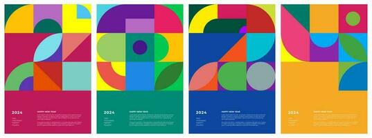 Abstract geometric bauhaus shapes combination 2024 Happy New Year poster set. Graphic retro style celebration decoration patterns. Modern trendy paintings. Colorful vintage simple vector eps prints