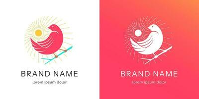 Bird on branch in sun rays abstract logo. Business brand identity logotype creative design concept. Trendy company corporate branding vector eps template