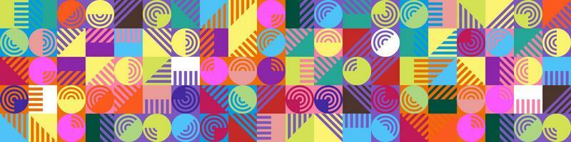 Abstract geometric bauhaus grid seamless pattern. Simple shapes combination horizontal banner. Memphis style composition artwork. Retro modern trendy graphic background. Vibrant color eps art print