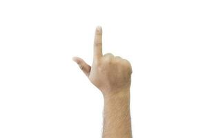 Close-up man's back of hand. Open outstretched hand, showing two fingers means number seven, extended in greeting copy space isolated on white background. Space for text. photo