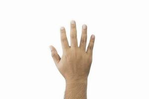 Close-up man's back of hand goodwill gesture. Open outstretched hand, showing five fingers, extended in greeting copy space isolated on white background. Space for text. photo