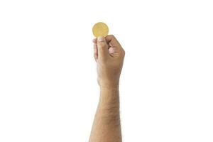 close-up hand of man holding crypto coin copy space isolated on white background. Blockchain technology finance in future. Male hand hold Bitcoin. concept about business, finance, trade, economy. photo