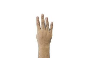 Close-up man's back of hand. Open outstretched hand, showing five fingers means number five, extended in greeting copy space isolated on white background. Space for text. photo