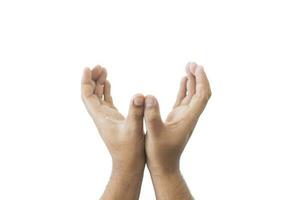 Close-up man's raised hands concept. Open outstretched hand, Volunteering charity, votes, support, hope and peace, extended in greeting copy space isolated on white background. Space for text. photo