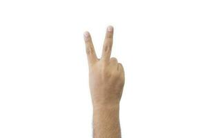 Close-up man's back of hand. Open outstretched hand, showing two fingers means number two, extended in greeting copy space isolated on white background. Space for text. photo
