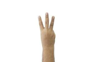 Close-up man's back of hand. Open outstretched hand, showing three fingers means number three, extended in greeting copy space isolated on white background. Space for text. photo