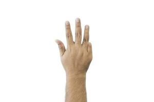 Close-up man's back of hand. Open outstretched hand, showing five fingers means number nine, extended in greeting copy space isolated on white background. Space for text. photo