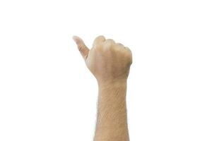 Close-up man's back of hand. Open outstretched hand, showing one fingers means number six, extended in greeting copy space isolated on white background. Space for text. photo