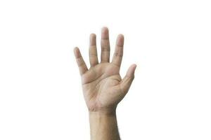 Close-up man's hand goodwill gesture. Open outstretched hand, showing five fingers, extended in greeting copy space isolated on white background. Space for text. photo