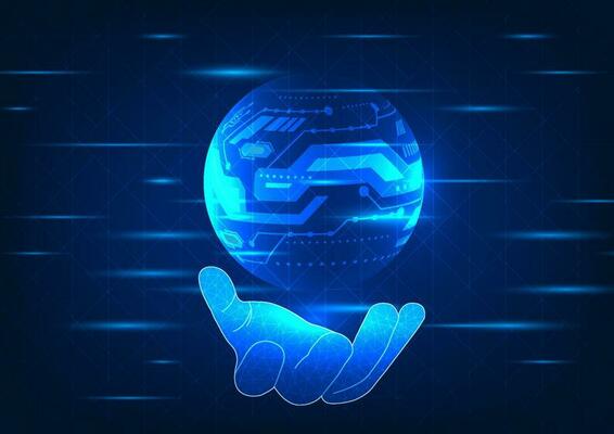 Businessman hand holding technology ball mixed with technology circuit board It means business people who use modern technology to help businesses grow and become leaders in business.