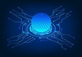 Isometric data processor with technology circle connected circuit The concept of a technology processor that receives data and processes it and sends it to other operating systems in Internet network vector