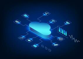 isométrica inteligente tecnología, un circuito conectado a nube tecnología ese envía datos terminado un seguro Internet sistema. el espalda es un número código corriendo a lo largo con el tecnología icono. vector