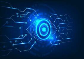 Eye technology connected to the technology circuit board with a technology circle behind the grid Refers to looking for new technology to solve problems and improve well-being. vector