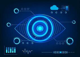 Eye technology with scanning technology information. Refers to the use of technology to help look for flaws in business or industry work to be solved quickly superior to their counterparts in business vector