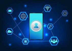 Smartphone technology connected to the internet with technology icons Smartphones that use personal data via the Internet It is secured information. is used to retrieve information vector