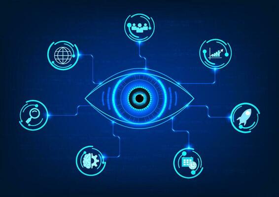 Eye technology connects circuit boards with smart technology. Refers to looking at modern technology to help solve business problems by using technology to solve them. code number background