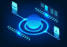 isométrica procesador tecnología con teléfonos inteligentes comunicado eso transporta comunicación mediante un red con un procesador ese recoge datos y convierte el señal a el sistema. vector