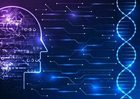 Medical technology and artificial intelligence in a captivating image. Witness the DNA structure connected to an AI brain through a circuit board, with a mesmerizing numerical code backdrop vector