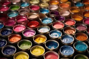 Open cans of paints, different colors. photo