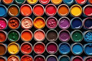 Open cans of paints, different colors. photo