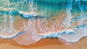Top view of ocean waves on sandy beach landscape. Beautiful seascape background. Generative AI photo
