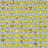 conjunto de emoticonos conjunto de emojis sonrisa iconos, gracioso dibujos animados amarillo emoji y emociones icono recopilación. estado animico y facial emoción iconos llanto, sonrisa, reír, alegre, triste, enojado y contento caras, vector