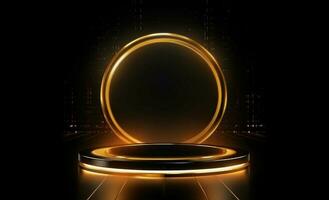 Elegant gold shiny circle stage vector illustration in black background. Premium modern golden banner wallpaper. photo