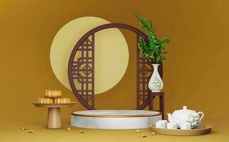 3D rendering Mid-autumn festival booth background with moon cakes, teapot set, osmanthus flowers, circular window photo