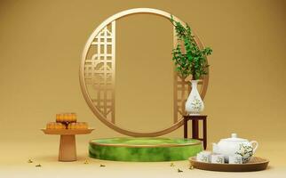 3D rendering Mid-autumn festival booth background with moon cakes, teapot set, osmanthus flowers, circular window photo