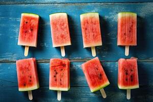 Summer watermelon slice popsicles on a blue rustic wood background. Generative AI photo