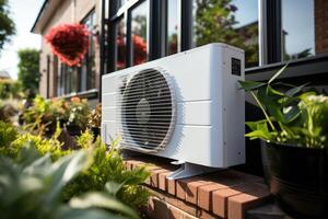 Air source heat pump installed in residential building. photo
